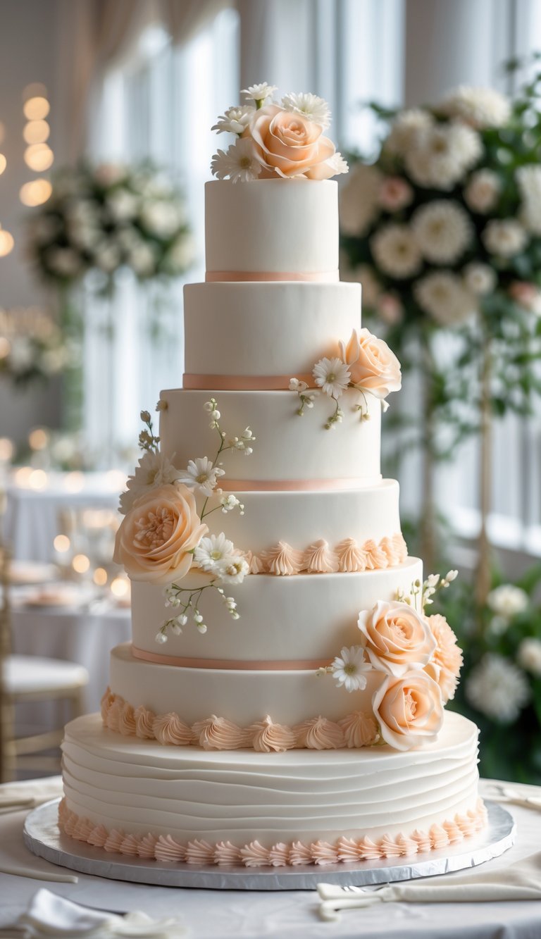 A large multi-tiered white wedding cake with peach accents on a decorated table at a wedding reception.